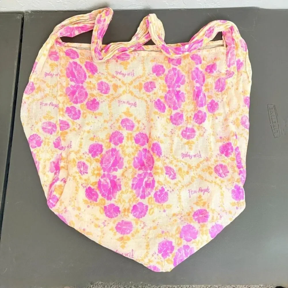 Free People Bright Pink & Orange Floral Reusable Tote Older Pattern